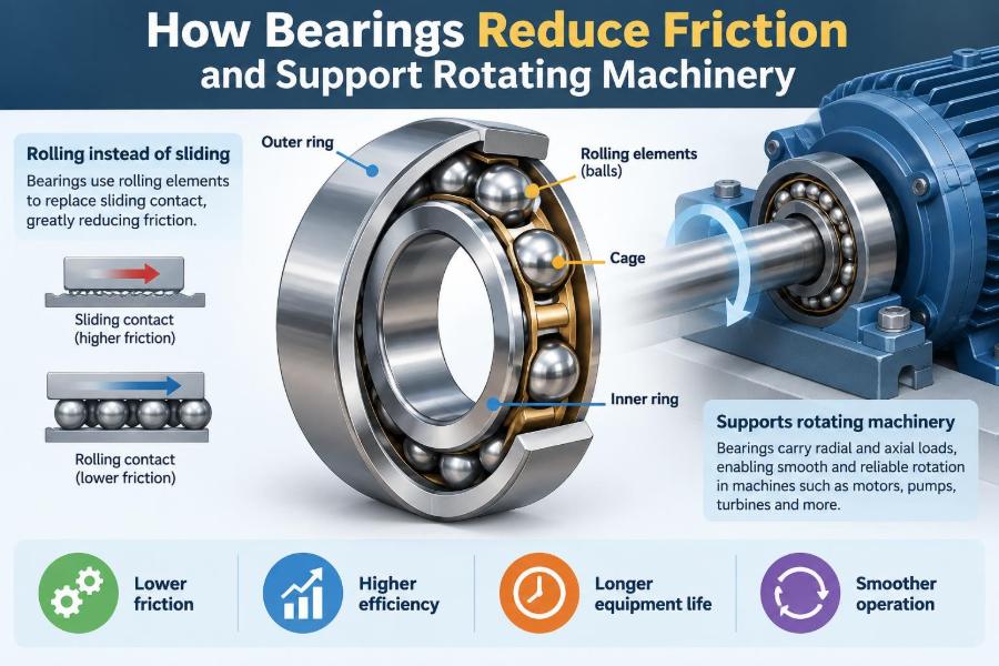 ⚙️ How Bearings Reduce Friction and Support Rotating Machinery
