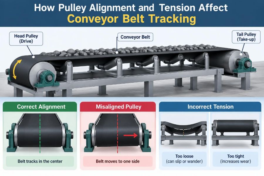 🔧 How Pulley Alignment and Tension Affect Conveyor Belt Tracking