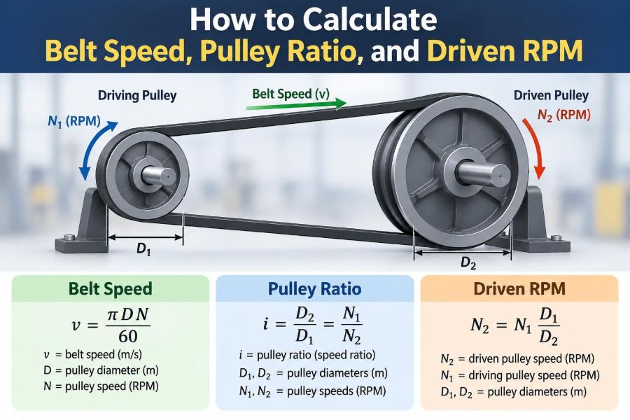 ⚙️ How to Calculate Belt Speed, Pulley Ratio, and Driven RPM