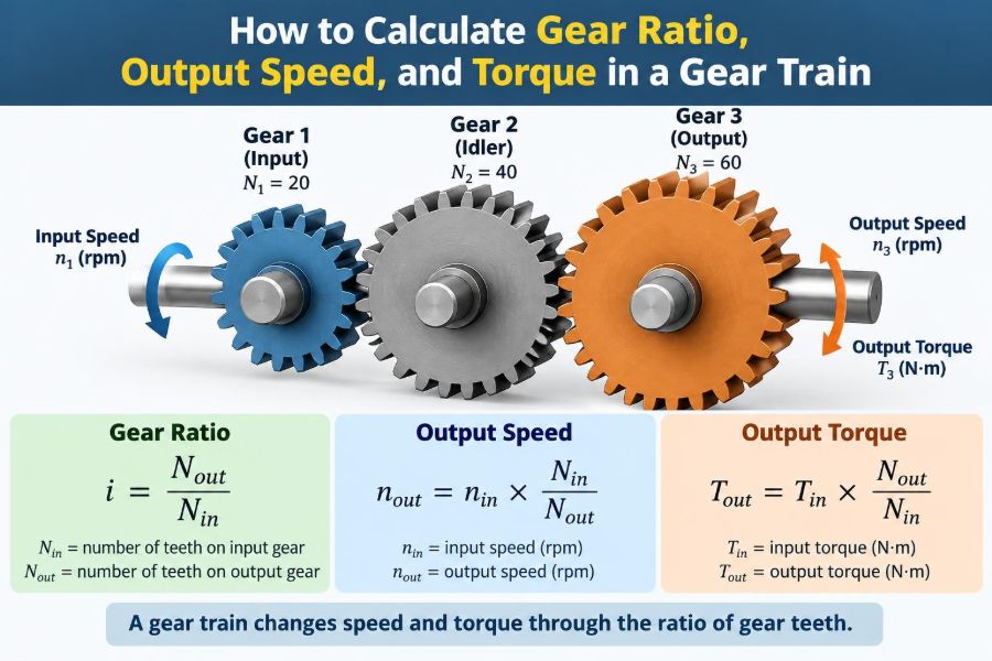 ⚙️ How to Calculate Gear Ratio, Output Speed, and Torque in a Gear Train
