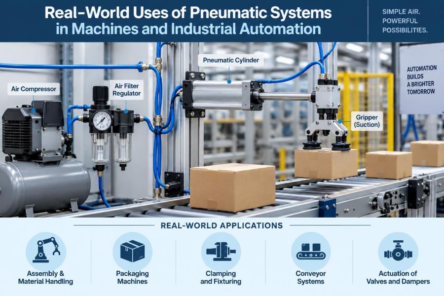 ⚙️ Real-World Uses of Pneumatic Systems in Machines and Industrial Automation