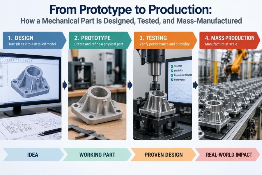 ⚙️ From Prototype to Production: How a Mechanical Part Is Designed, Tested, and Mass-Manufactured