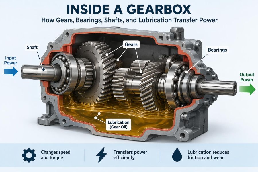 ⚙️ Inside a Gearbox: How Gears, Bearings, Shafts, and Lubrication Transfer Power